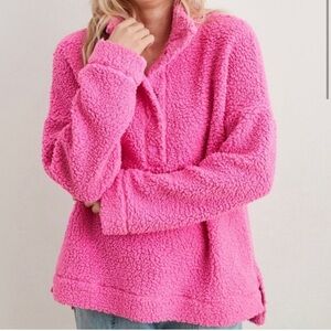 aerie teddy cloud sherpa quarter snap pullover oversized sweatshirt in pink